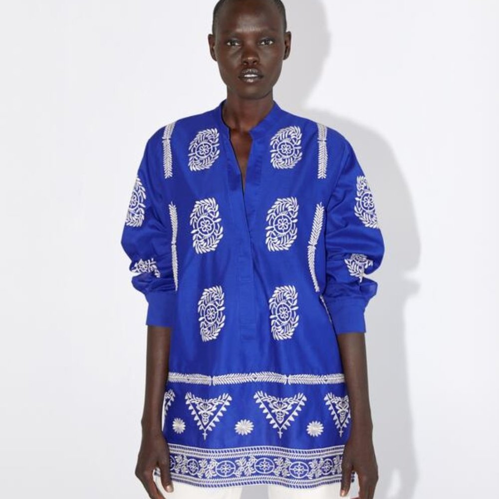 ZARA Embroidered Cotton Tunic Hi Lo Hem Blue with White Sz L/XL - Picture 4 of 13